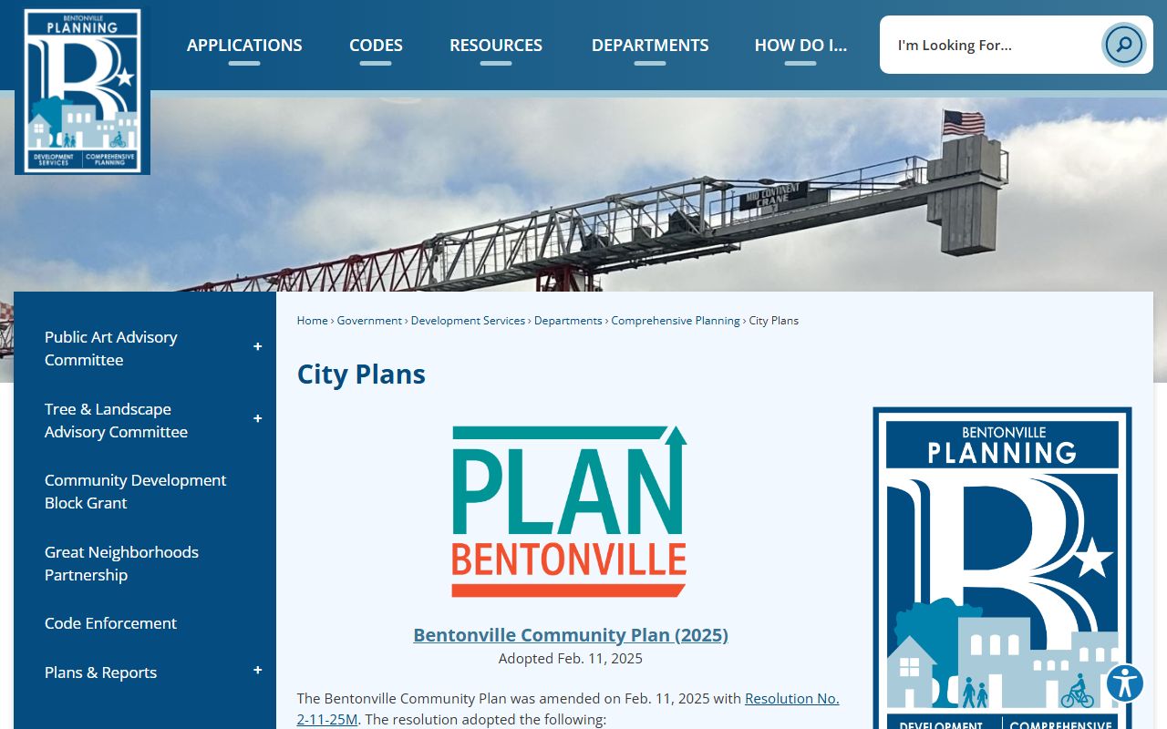 Bentonville City Plans page with land use and planning documents
