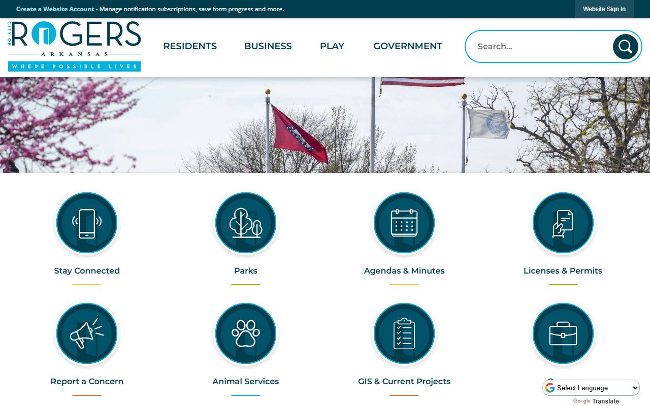 Rogers city homepage with links to city departments and property resources