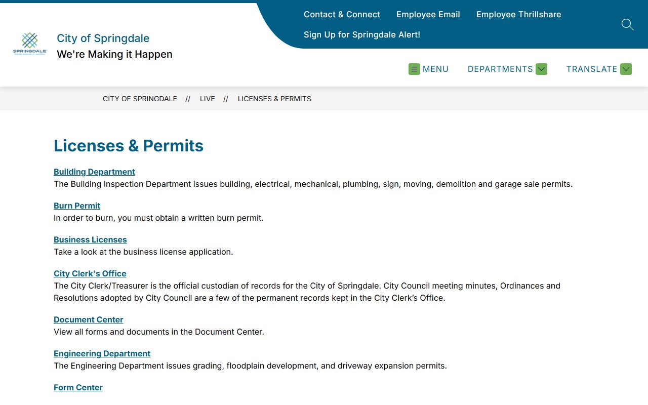 Springdale licenses and permits office for property development records