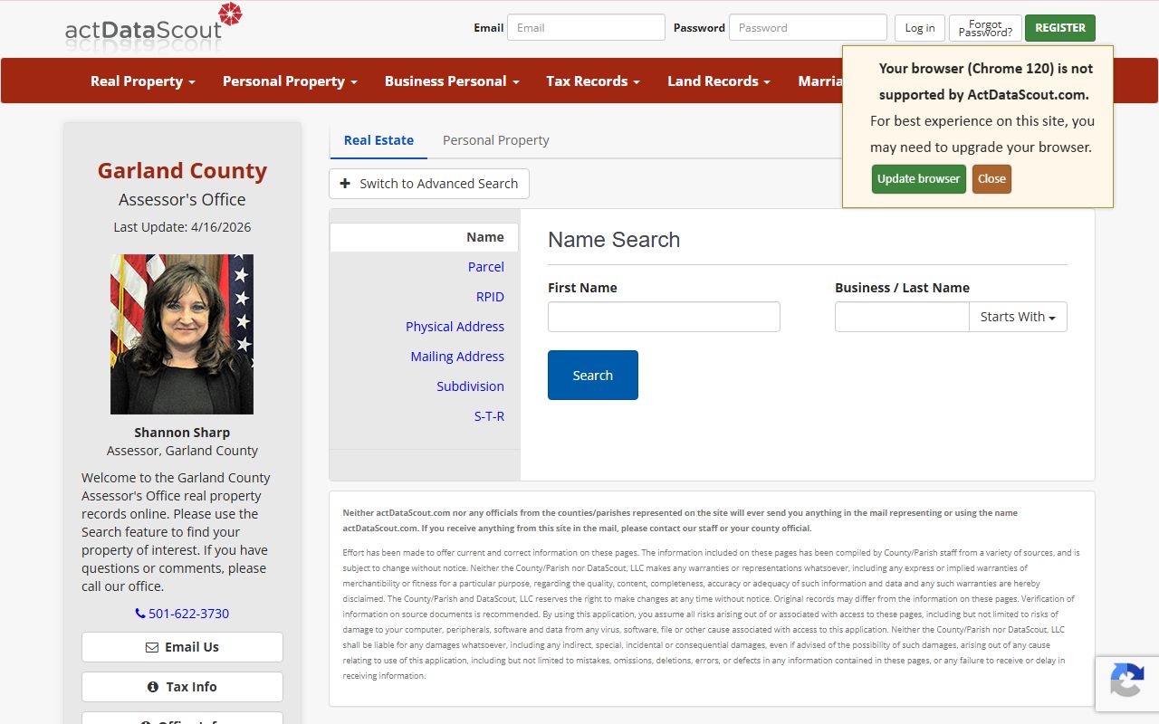 Garland County deed records on ActDataScout property search